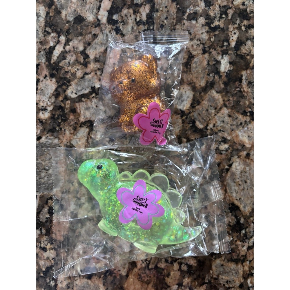 Glitter Gold Bear & Glitter Green Dino Sugar Squishy Fidget Toy Bundle New